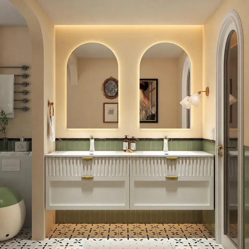 Home Bathroom Vanity Combo - Cremefarbener Badezimmerschrank mit integriertem Corian-Waschbecken, Eichenholz-Waschtisch,