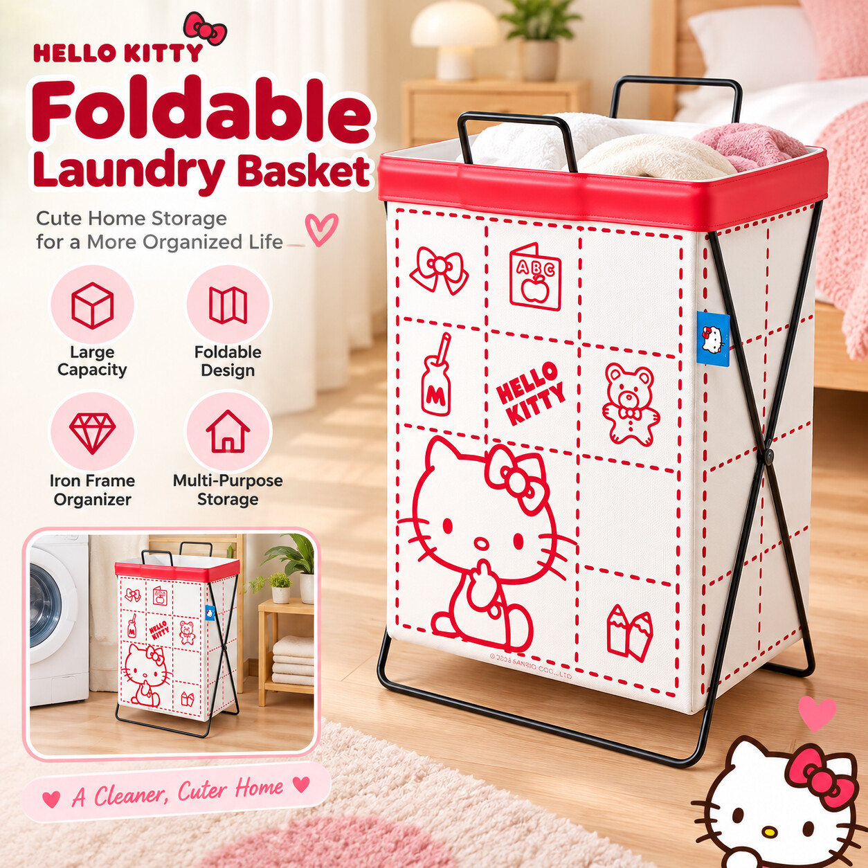 Home Edit Bathroom Storage - Cinnamoroll Kuromi Sanrio Wäschekorb mit Stahlrahmen,